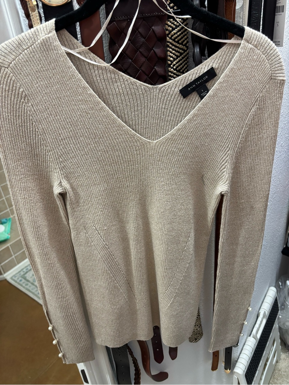 Ann Taylor Beige V-Neck Ribbed Sweater with Pearl Cuffs